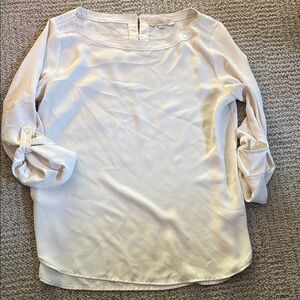 LOFT White and Tan Cuffed Sleeve Blouse Relaxed Fit
